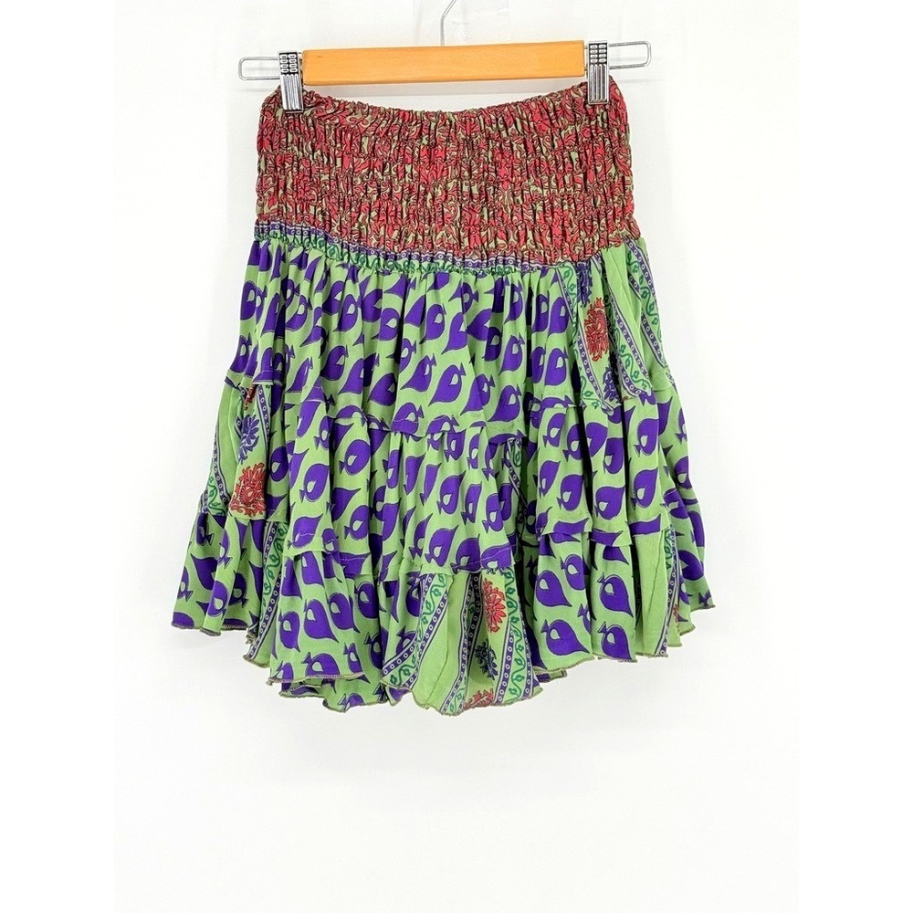 Tiered Boho Silk Blend Skirt Mini Green Paisley Smocked Festival Lettace Hem Y2k - Picture 1 of 6